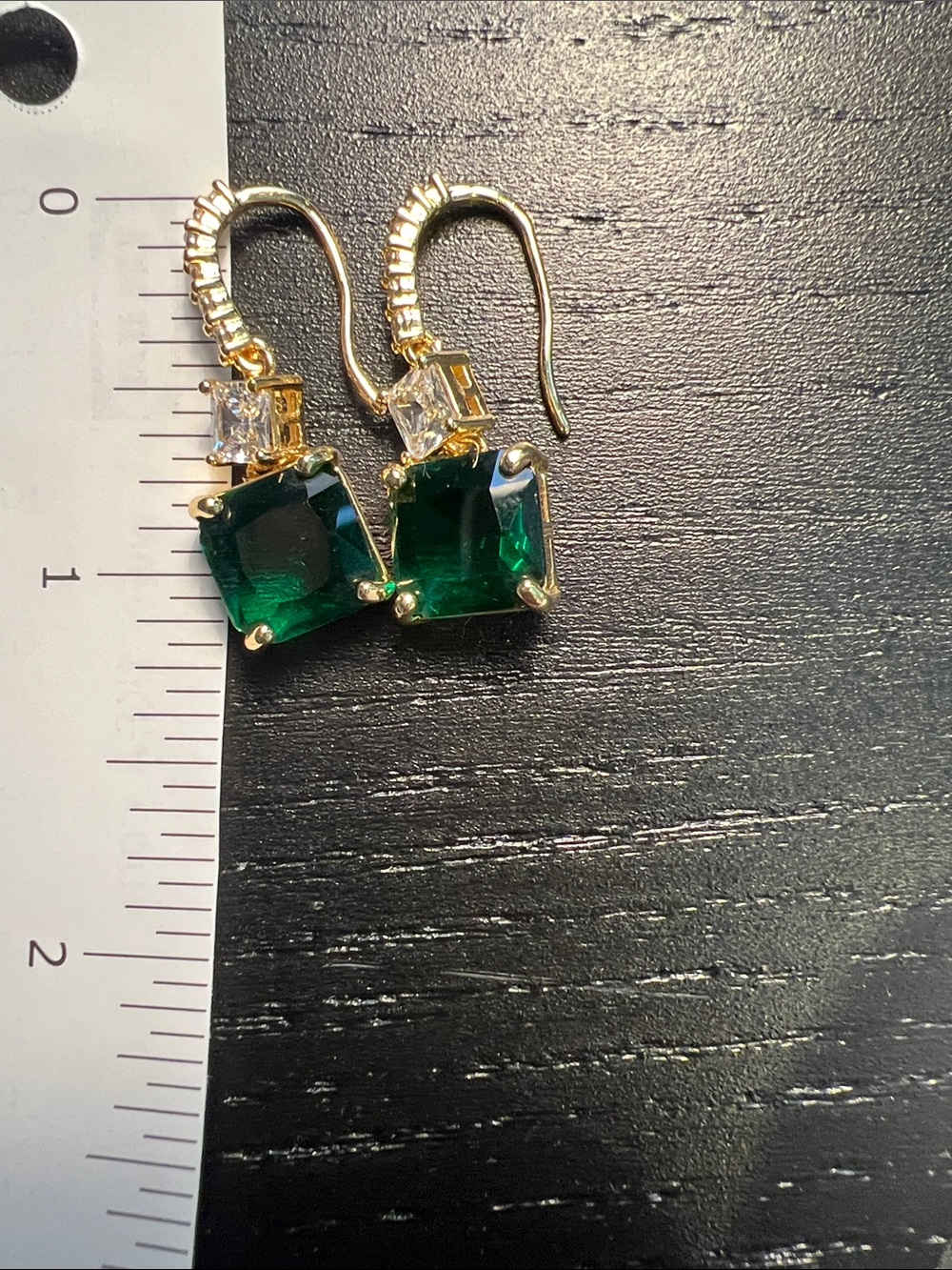 Gold Drop Earrings with Green Square Gemstones and Clear Accents - Picture 2 of 4